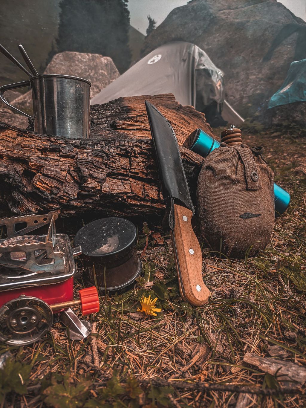 Camping tools and equipment laid out beside a tent