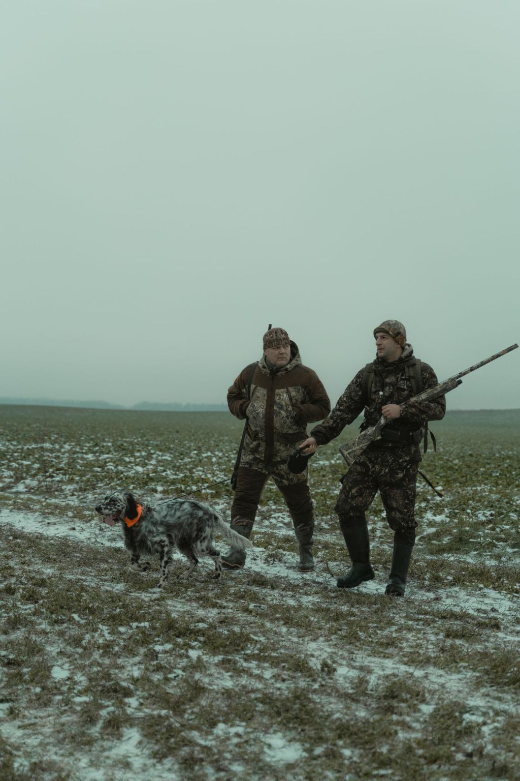 Two hunters with shotguns walking a field with a dog