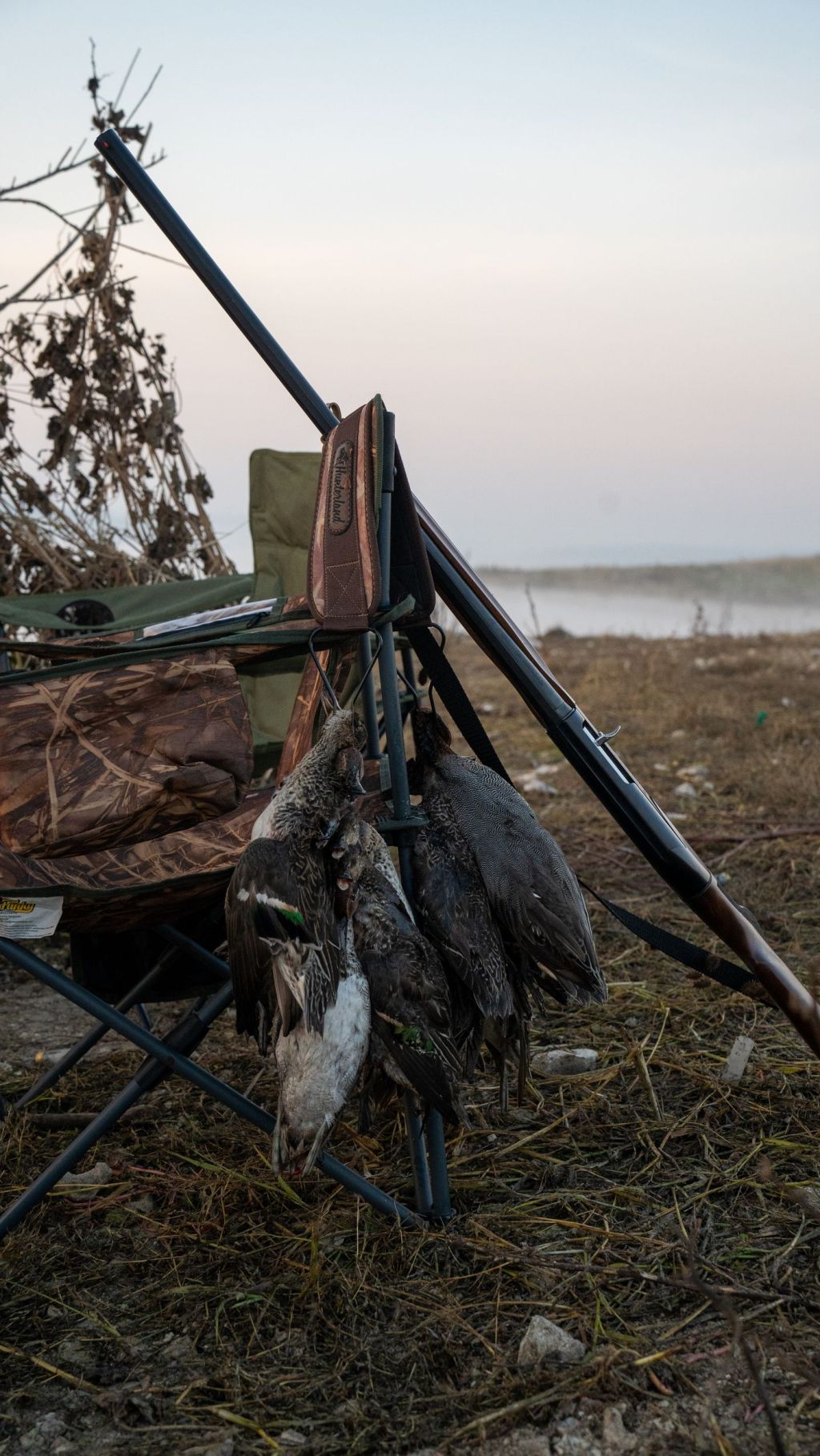 A shotgun on a stand beside harvested waterfowl and gear