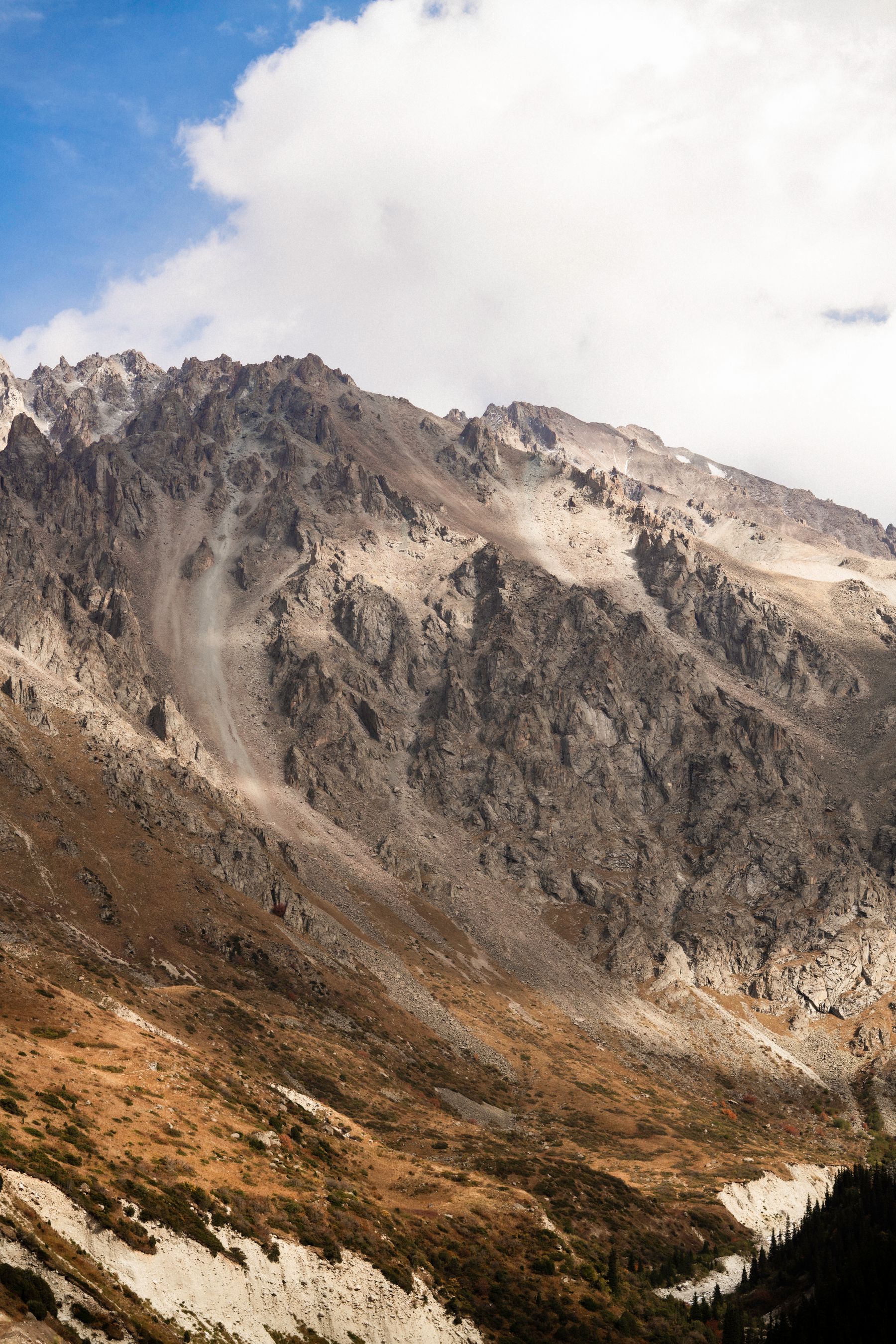 A rugged mountain landscape under heavy cloud
