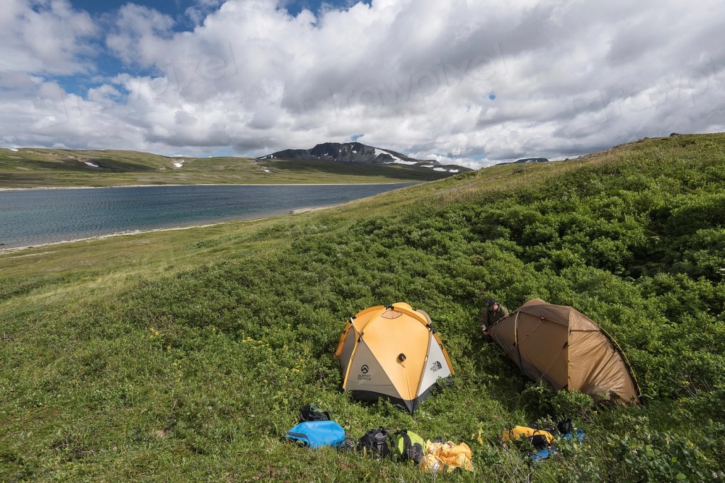 A tent set up at a backcountry campsite