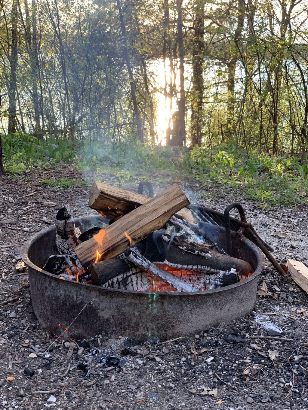 A campfire burning inside a metal fire ring