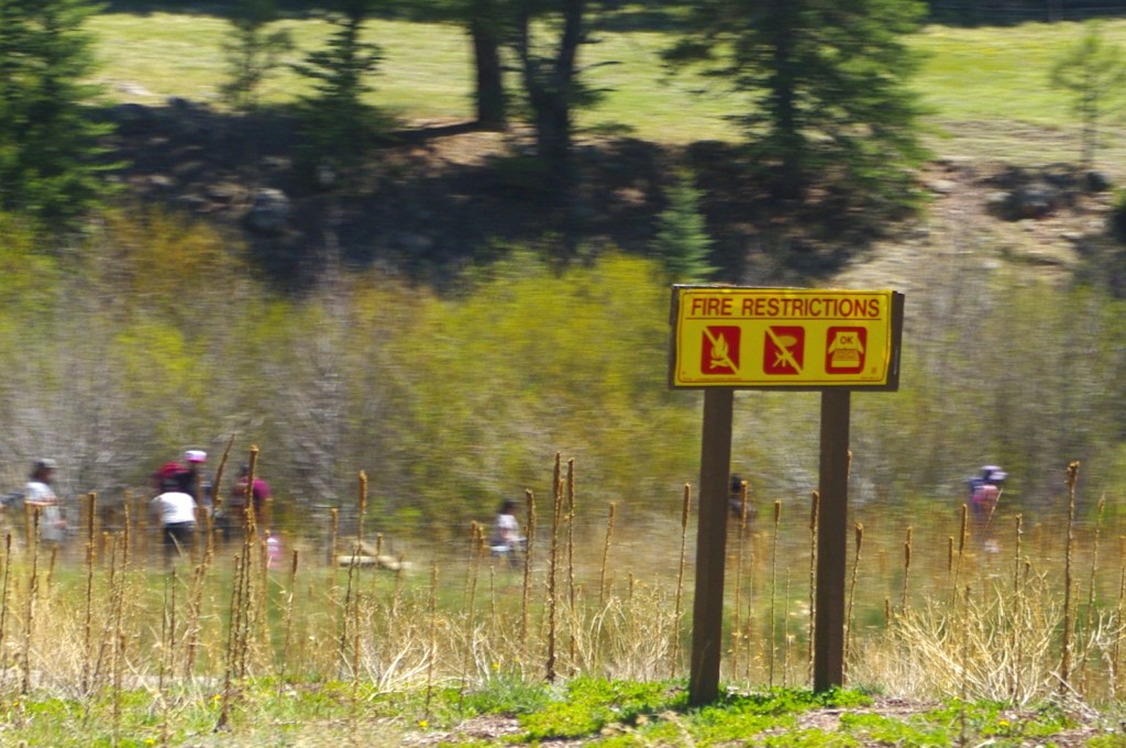 A fire restrictions notice board posted in Santa Fe National Forest