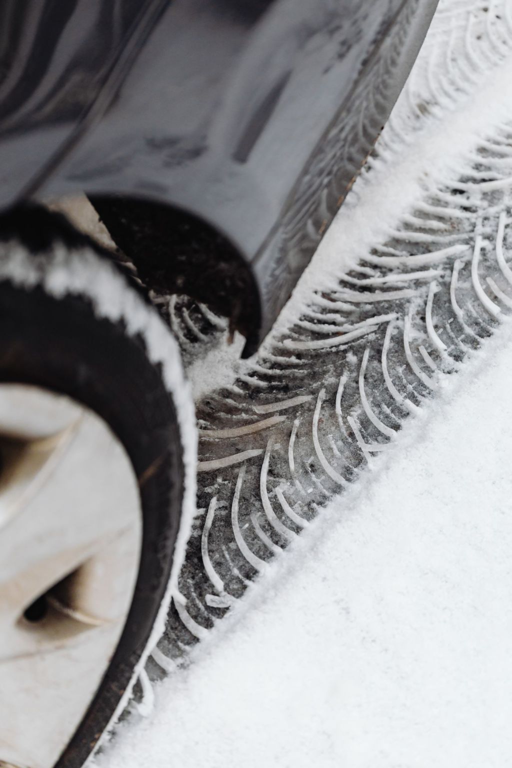 Tyre tracks pressed into fresh snow