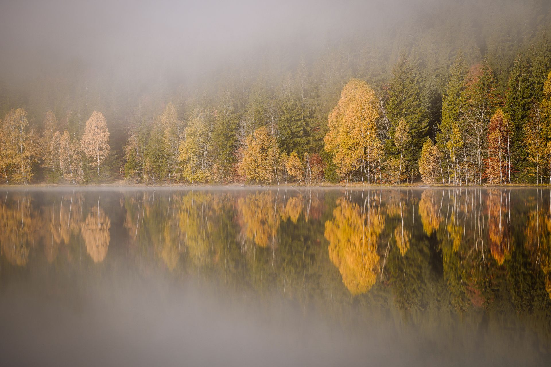 Fog drifting over a still lake ringed by autumn trees