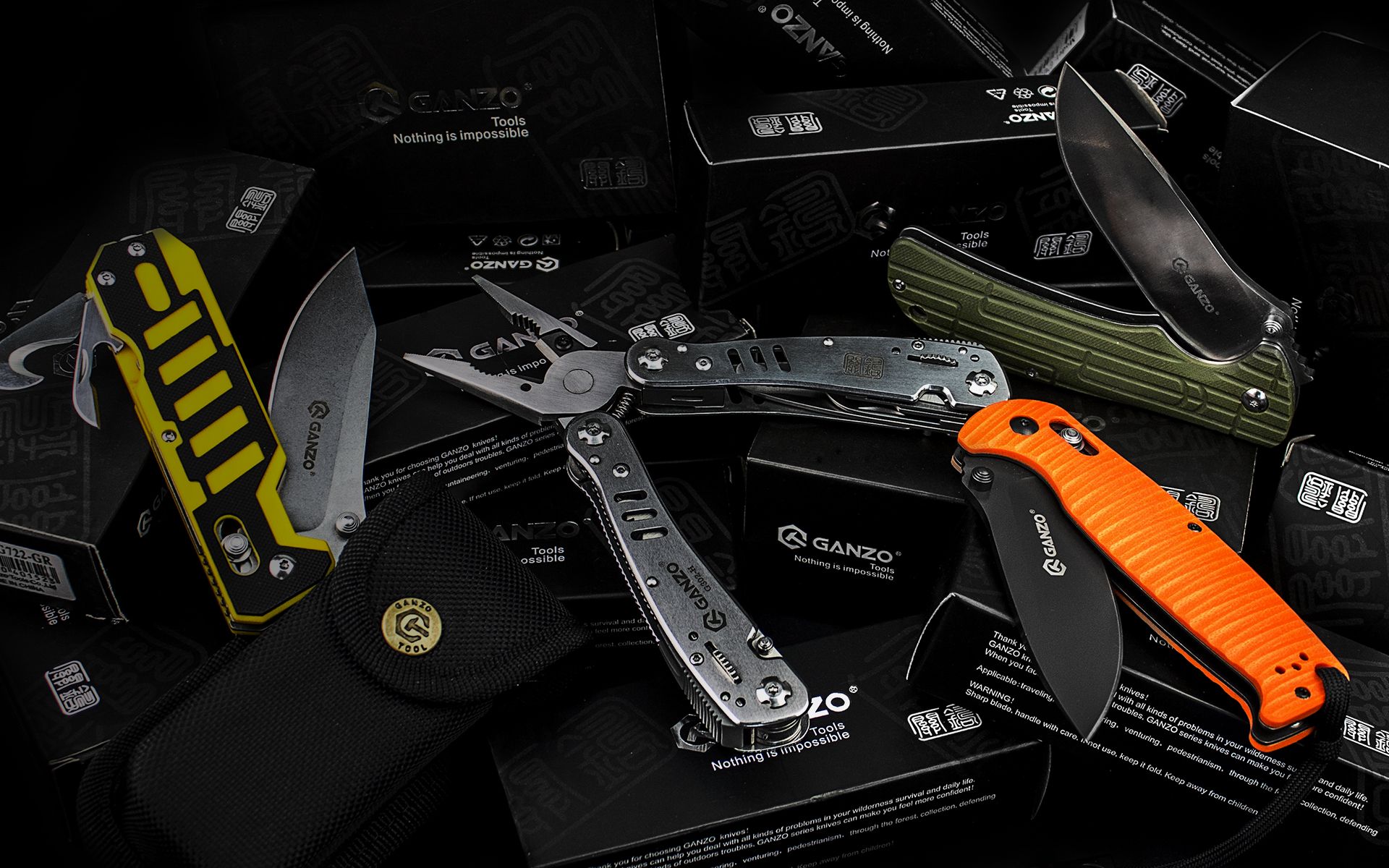 A collection of folding knives and multi-tools with colorful handles on a black background